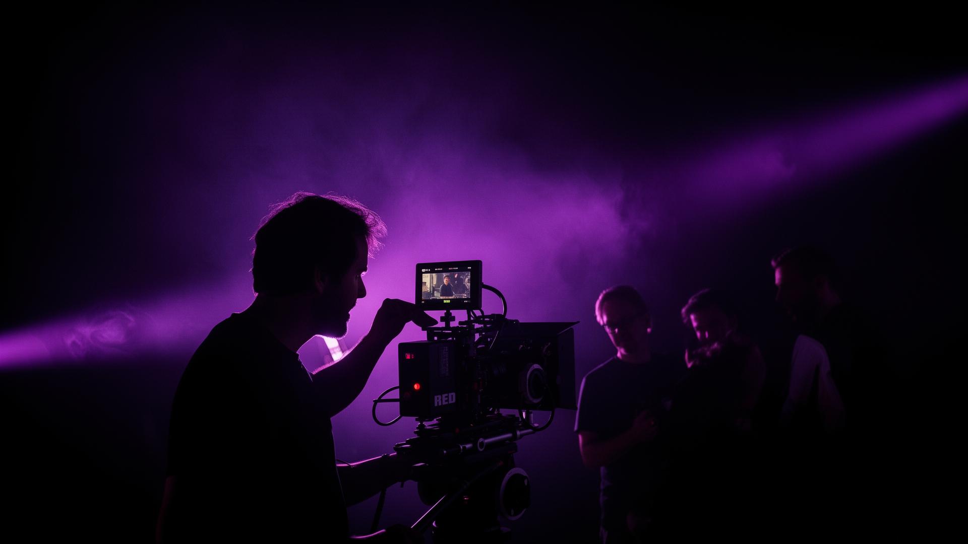 Director operating a RED cinema camera bathed in deep purple light
